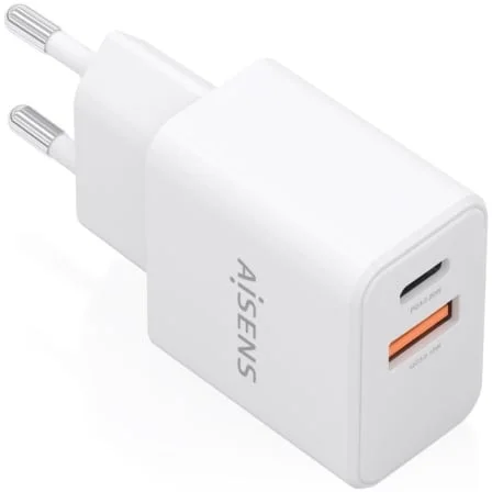 Cargador de Pared GaN Aisens A110-1025/ 1xUSB Tipo-C/ 1xUSB/ 20W/ Blanco