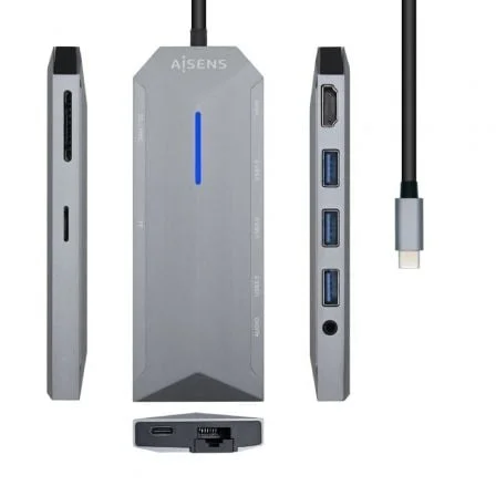Docking USB Tipo-C Aisens ASUC-9P001-GR/ 1xHDMI 4K/ 3xUSB/ 1xRJ45/ 1xAudio/ 1xLector Tarjetas / 1xUSB Tipo-C PD/ Gris