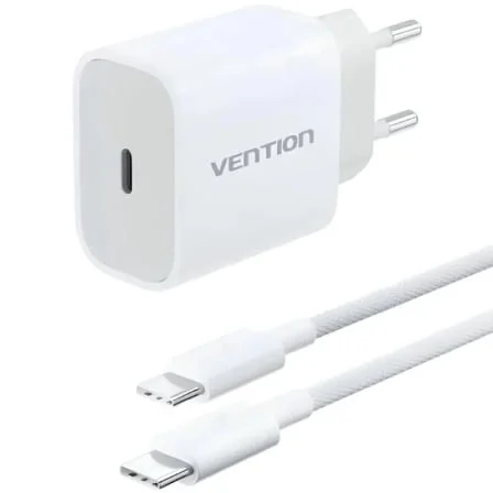 Cargador de Pared Vention G16W0-EU/ 1xUSB Tipo-C + Cable USB Tipo-C/ 20W