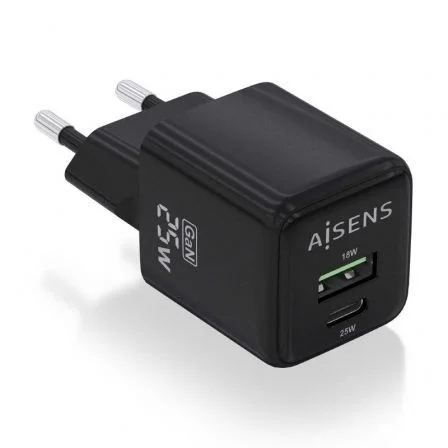 Cargador de Pared GaN Aisens ASCH-25W2P015-BK/ 1xUSB Tipo-C/ 1xUSB/ 25W