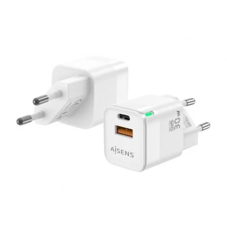 Cargador de Pared GaN Aisens ASCH-30W2P004-W/ 1xUSB Tipo-C/ 1xUSB/ 30W