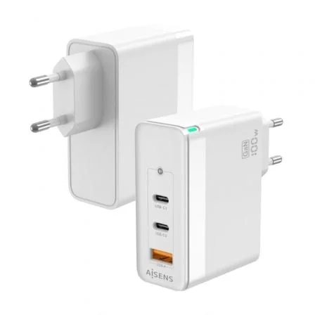 Cargador de Pared GaN Aisens ASCH-100W3P008-W/ 2xUSB Tipo-C/ 1x USB/ 100W