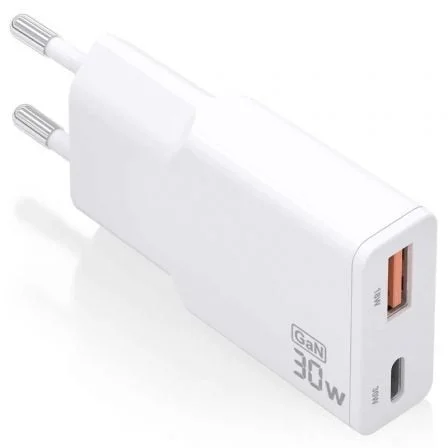 Cargador de Pared GaN Aisens ASCH-30W2P046-W/ 1xUSB Tipo-C/ 1xUSB/ 30W/ Blanco