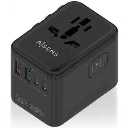Cargador de Pared Universal GaN para Viaje Aisens ASPS-2A3C09-BK/ Toma de Corriente Universal/ 3xUSB Tipo-C/ 2xUSB/ 35W
