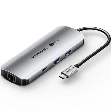 Docking USB Tipo-C Vention TQMHB/ 1xHDMI 4K/ 2xUSB/ 1xUSB Tipo-C/ 1xJack 3.5mm / 1xRJ45/ 1xUSB Tipo-C PD/ 1xLector Tarjetas/ Gris