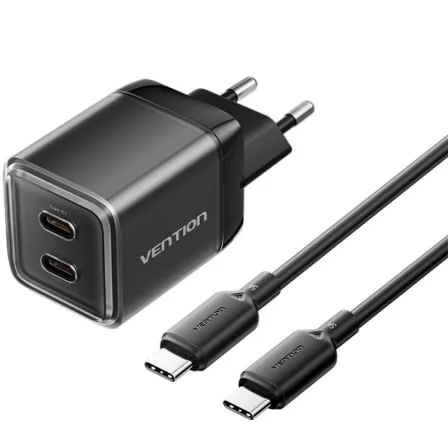 Cargador de Pared GaN Vention TZ-FCFB0-EU/ 2xUSB Tipo-C + Cable USB Tipo-C/ 45W