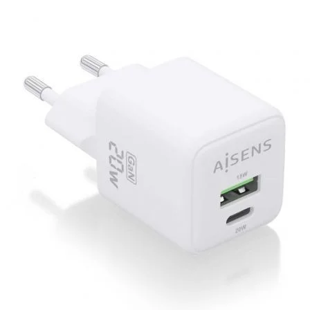 Cargador de Pared GaN Aisens ASCH-20W2P010-W/ 1xUSB Tipo-C/ 1xUSB/ 20W