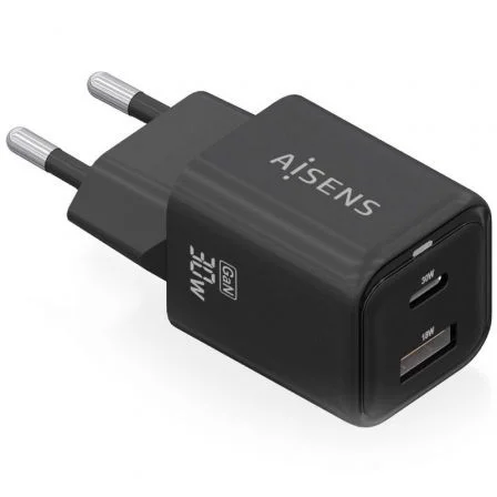 Cargador de Pared GaN Aisens ASCH-30W2P021-BK/ 1xUSB Tipo-C/ 1xUSB/ 30W