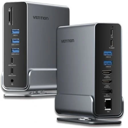 Docking USB Tipo-C Vention TPUH0/ 2xHDMI 4K/ 1xDisplayPort/ 3xUSB Tipo-C/ 5xUSB/ 1xRJ45/ 1xLector de Tarjetas/ 1xJack 3.5/ 1xUSB Tipo-C PD/ Gris