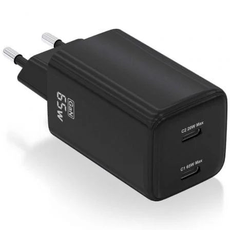 Cargador de Pared GaN Aisens ASCH-65W2P040-BK/ 2xUSB Tipo-C/ 65W